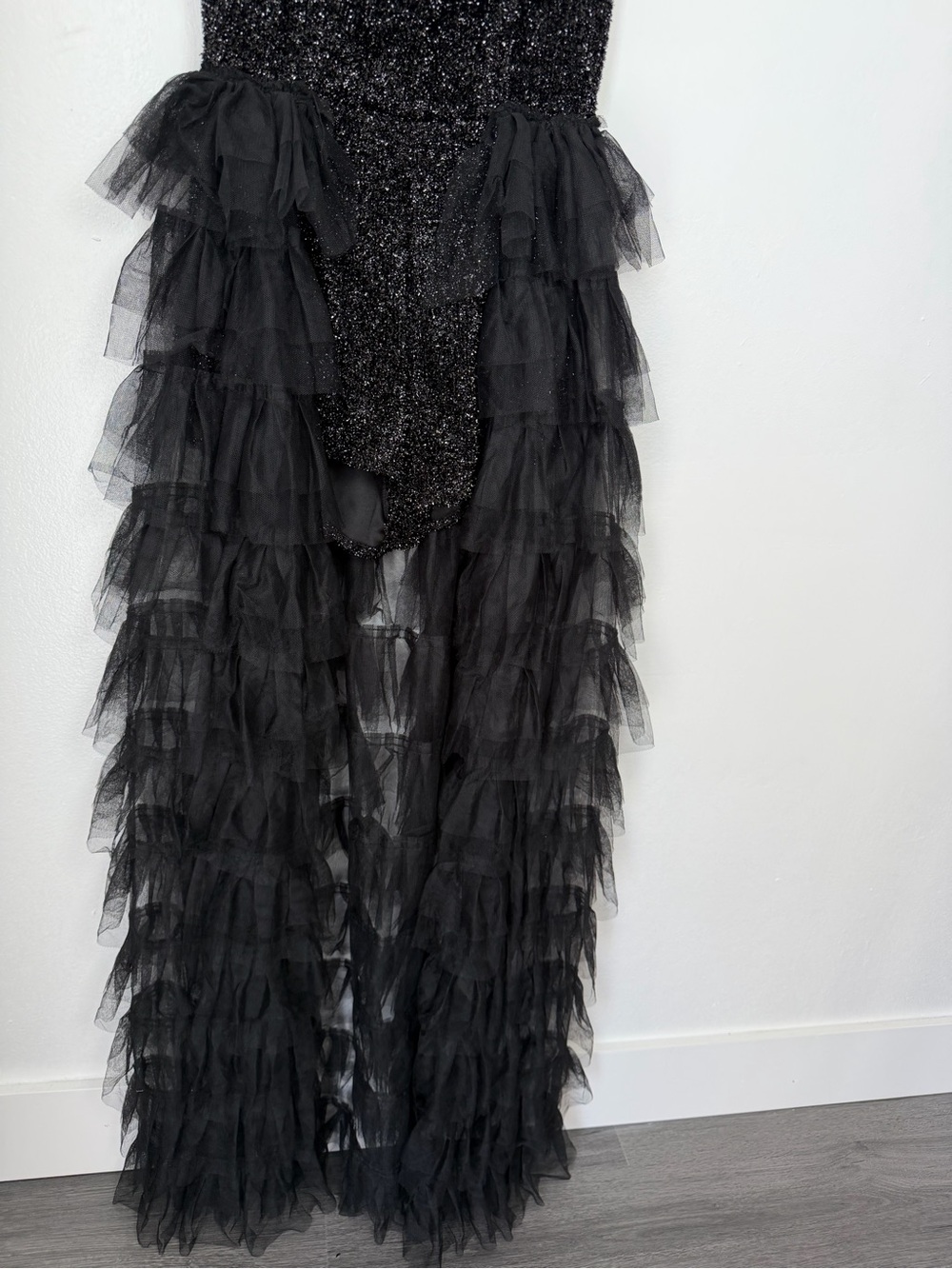 Black Sequins Tulle Jumpsuit  - Sparkle Tulle High-Low Romper Dress - Picture 5 of 8